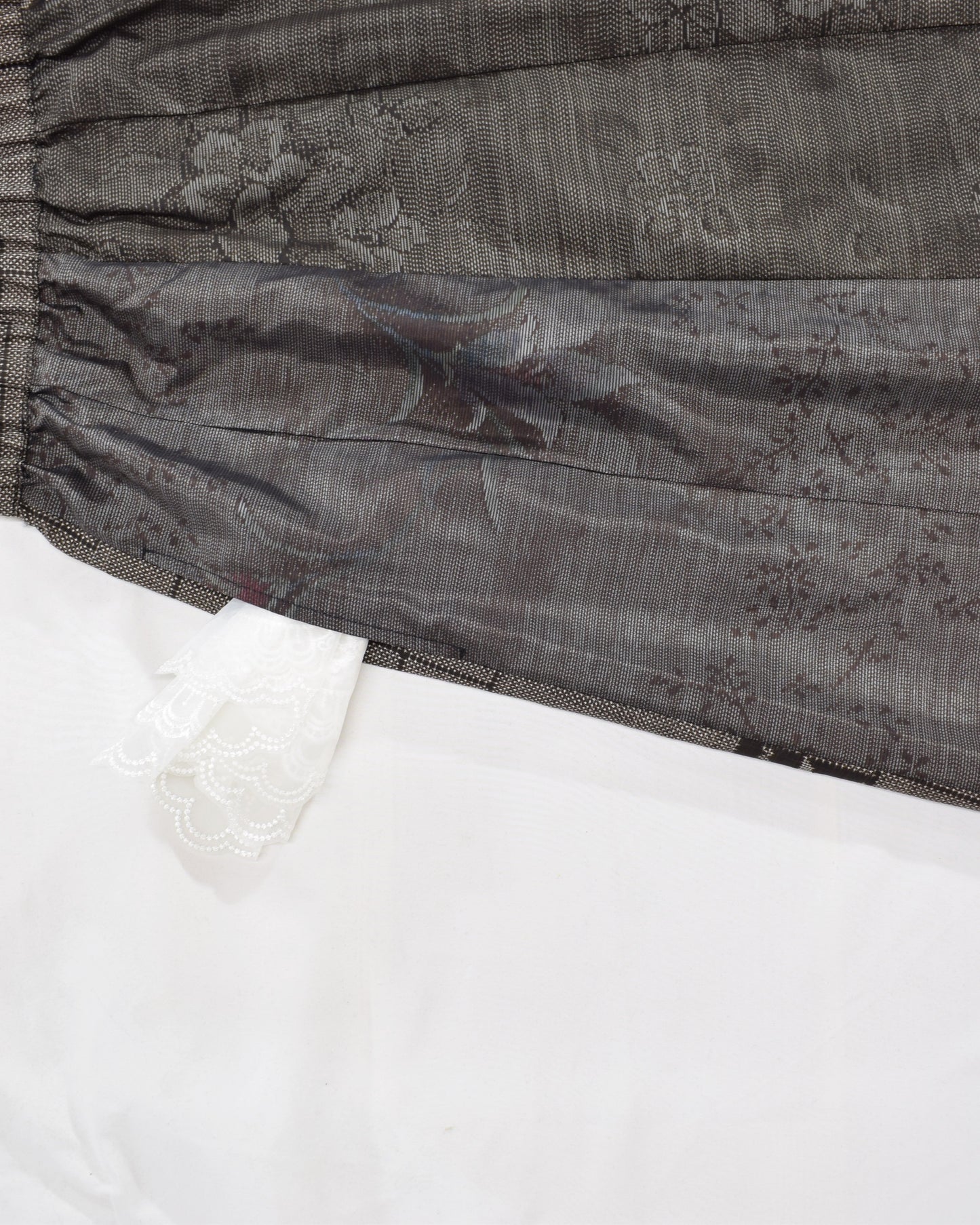Six-Panel Skirt, Gray Linear Geometric and Botanical Motifs, Upcycled Kimono Fabric