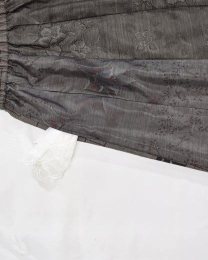 Six-Panel Skirt, Gray Linear Geometric and Botanical Motifs, Upcycled Kimono Fabric