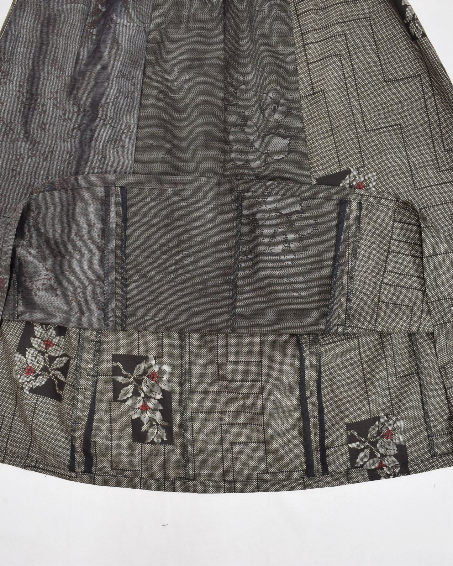 Six-Panel Skirt, Gray Linear Geometric and Botanical Motifs, Upcycled Kimono Fabric