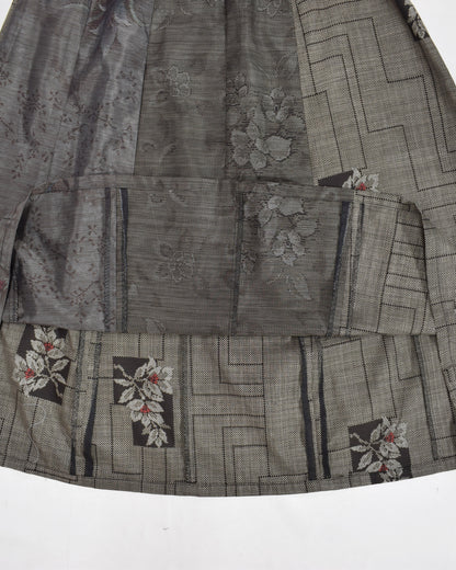 Six-Panel Skirt, Gray Linear Geometric and Botanical Motifs, Upcycled Kimono Fabric