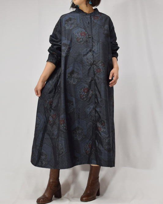 Long Shirt Dress, Navy Hexagonal and Floral Motifs, Upcycled Kimono Fabric