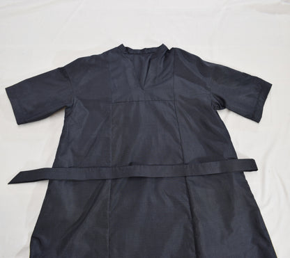 Split-Neck Long Dress, Navy Fine Stripe Motif, Upcycled Kimono Fabric