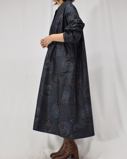 Long Shirt Dress, Navy Hexagonal and Floral Motifs, Upcycled Kimono Fabric