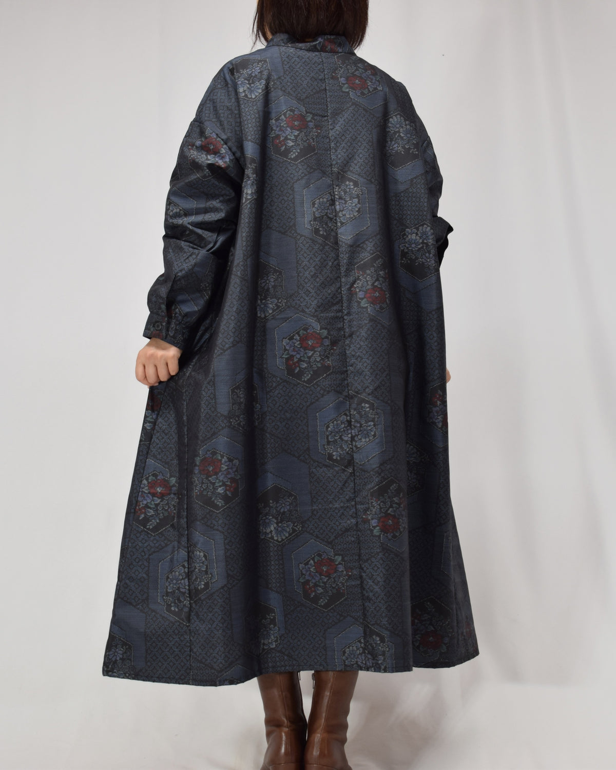 Long Shirt Dress, Navy Hexagonal and Floral Motifs, Upcycled Kimono Fabric