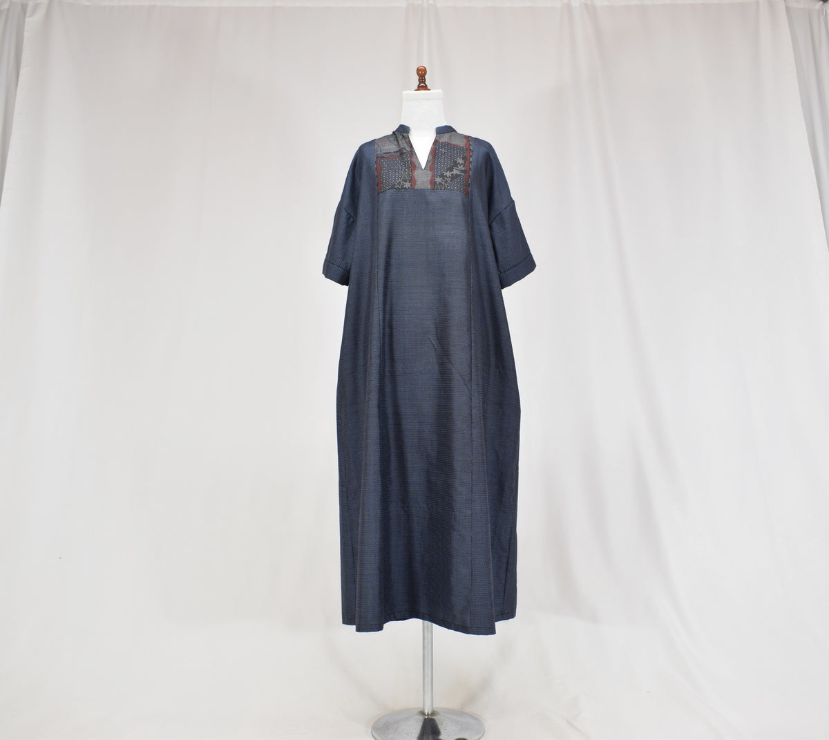 Split-Neck Long Dress, Navy Geometric and Botanical Motifs, Upcycled Kimono Fabric