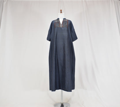 Split-Neck Long Dress, Navy Geometric and Botanical Motifs, Upcycled Kimono Fabric