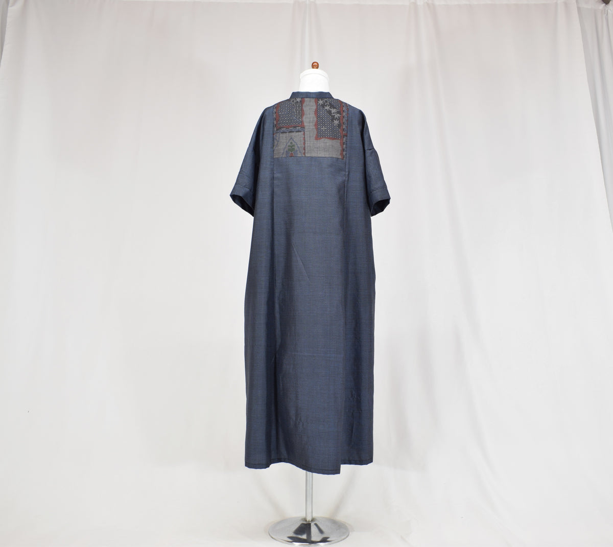 Split-Neck Long Dress, Navy Geometric and Botanical Motifs, Upcycled Kimono Fabric