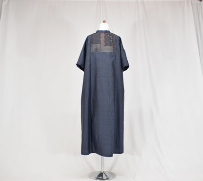 Split-Neck Long Dress, Navy Geometric and Botanical Motifs, Upcycled Kimono Fabric