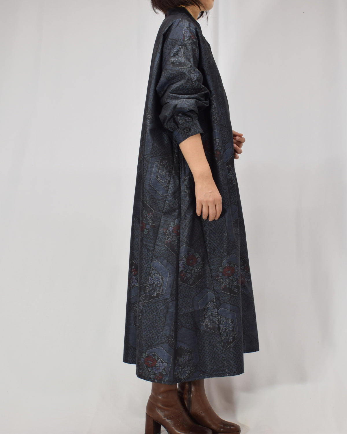 Long Shirt Dress, Navy Hexagonal and Floral Motifs, Upcycled Kimono Fabric