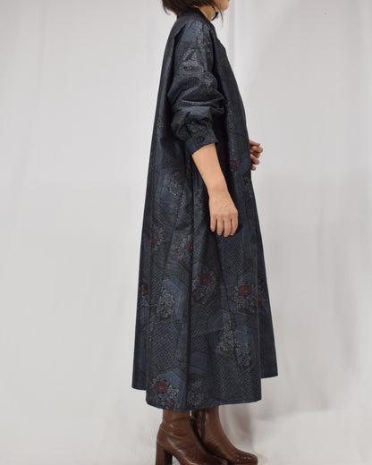 Long Shirt Dress, Navy Hexagonal and Floral Motifs, Upcycled Kimono Fabric