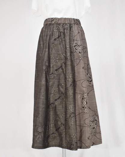 Six-Panel Skirt, Gray Floral and Abstract Motifs, Upcycled Kimono Fabric