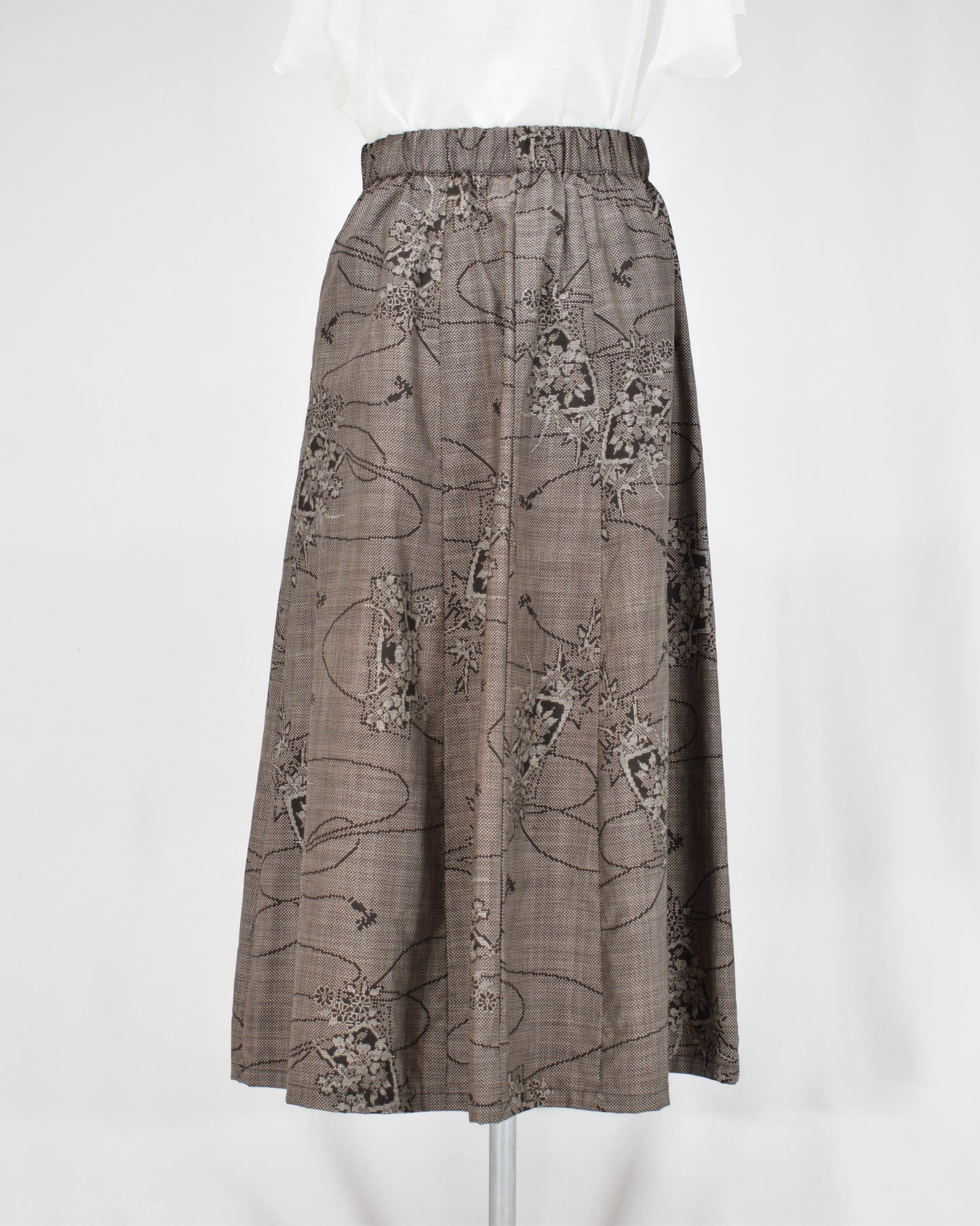 Six-Panel Skirt, Gray Floral and Abstract Motifs, Upcycled Kimono Fabric