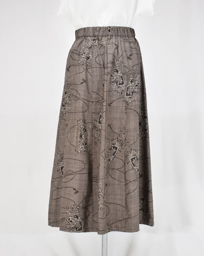 Six-Panel Skirt, Gray Floral and Abstract Motifs, Upcycled Kimono Fabric