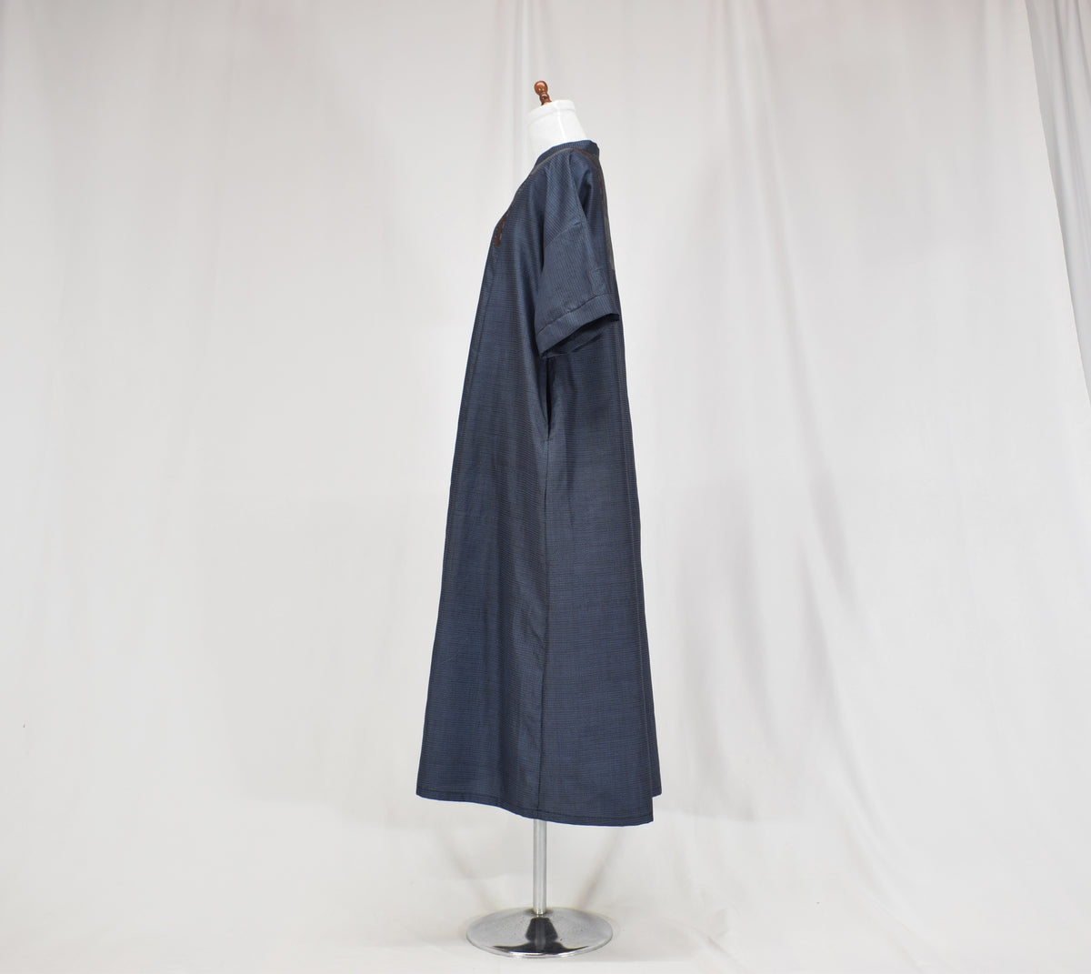 Split-Neck Long Dress, Navy Geometric and Botanical Motifs, Upcycled Kimono Fabric