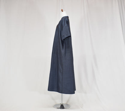 Split-Neck Long Dress, Navy Geometric and Botanical Motifs, Upcycled Kimono Fabric