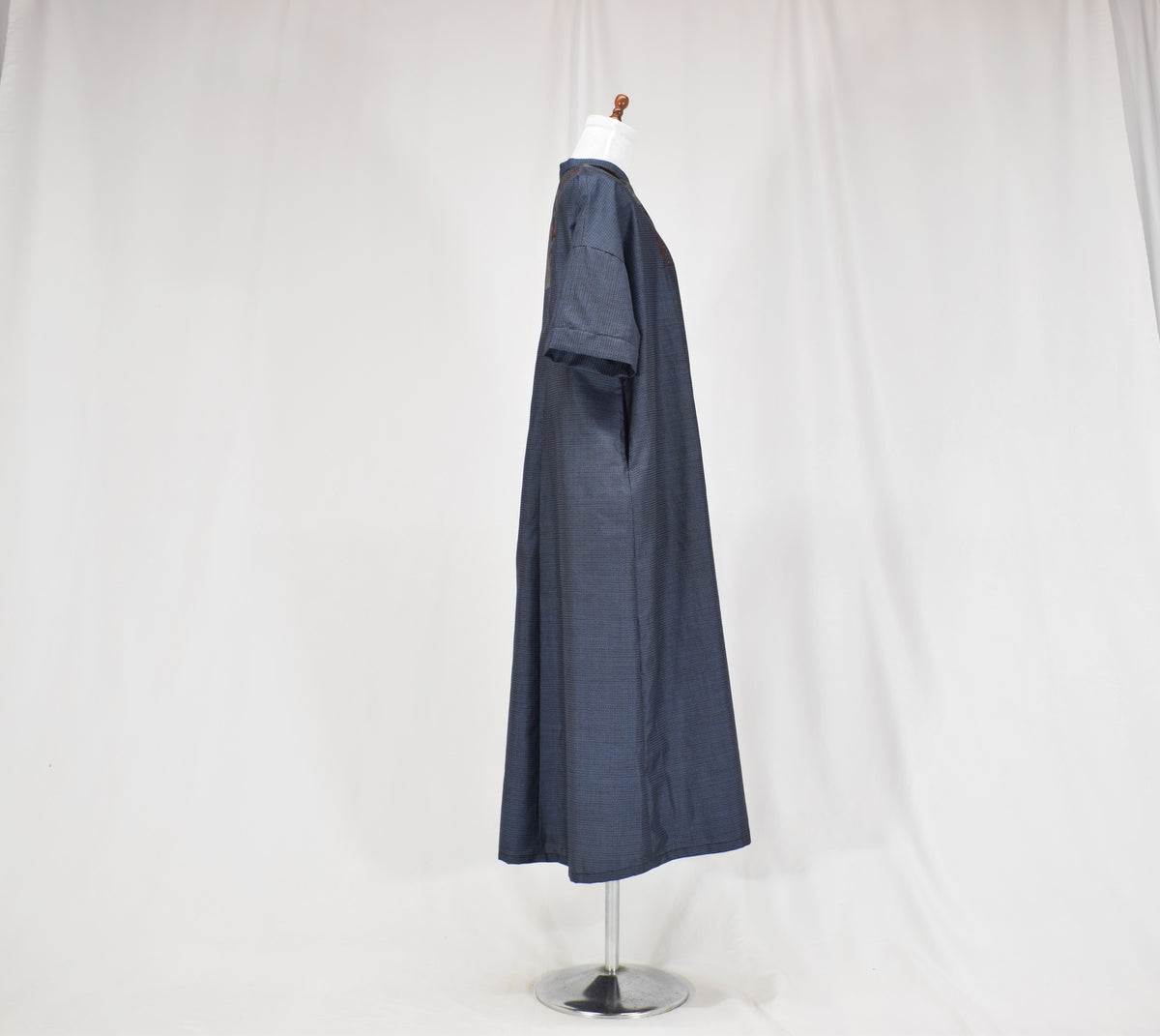 Split-Neck Long Dress, Navy Geometric and Botanical Motifs, Upcycled Kimono Fabric
