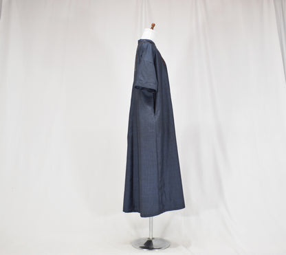 Split-Neck Long Dress, Navy Geometric and Botanical Motifs, Upcycled Kimono Fabric