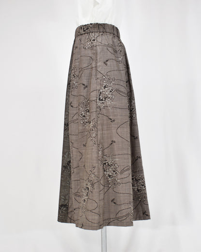 Six-Panel Skirt, Gray Floral and Abstract Motifs, Upcycled Kimono Fabric