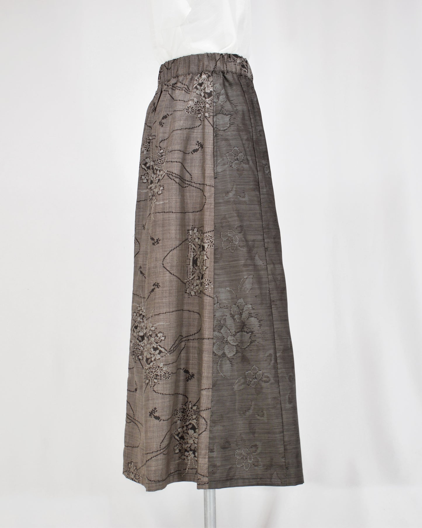 Six-Panel Skirt, Gray Floral and Abstract Motifs, Upcycled Kimono Fabric