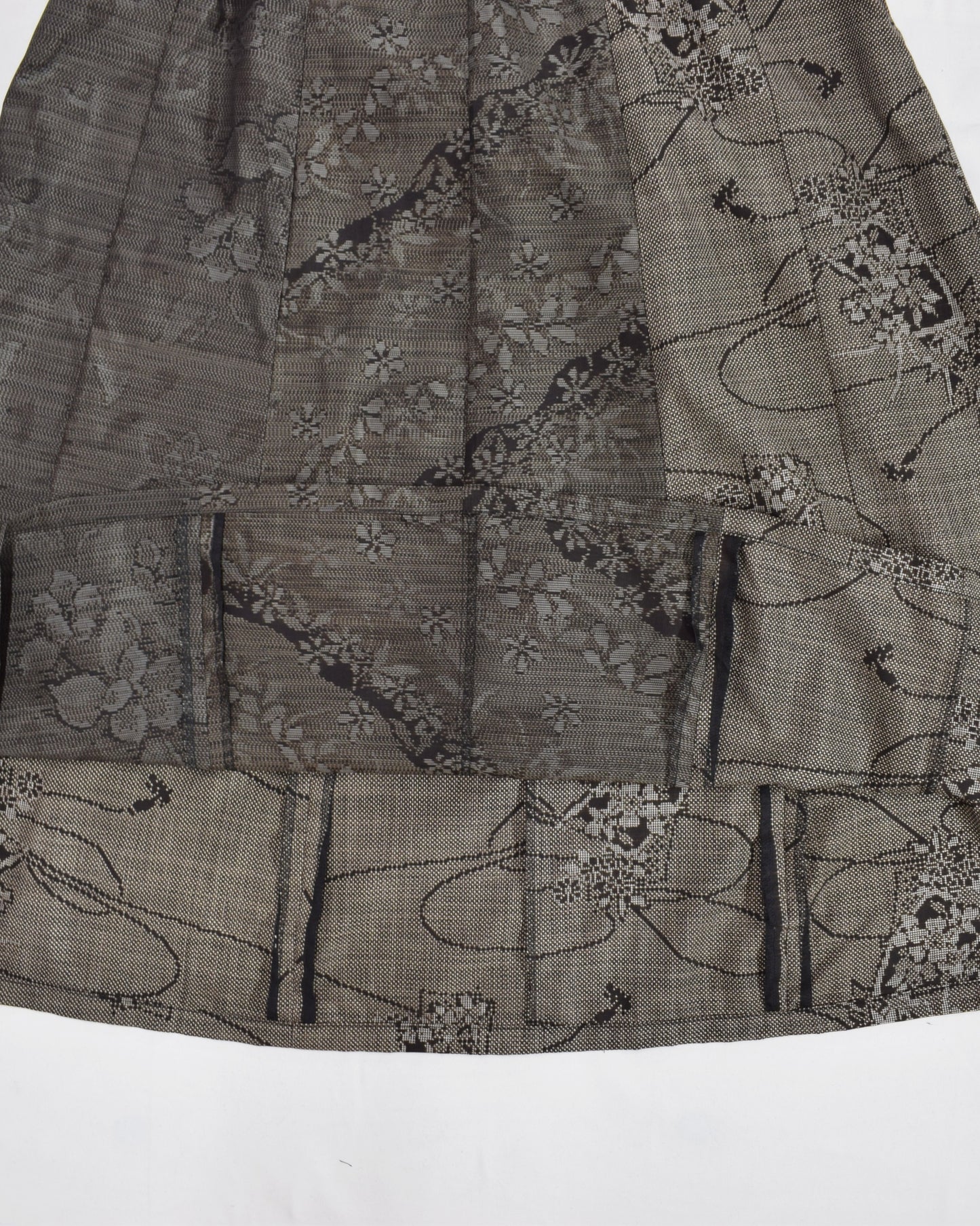 Six-Panel Skirt, Gray Floral and Abstract Motifs, Upcycled Kimono Fabric