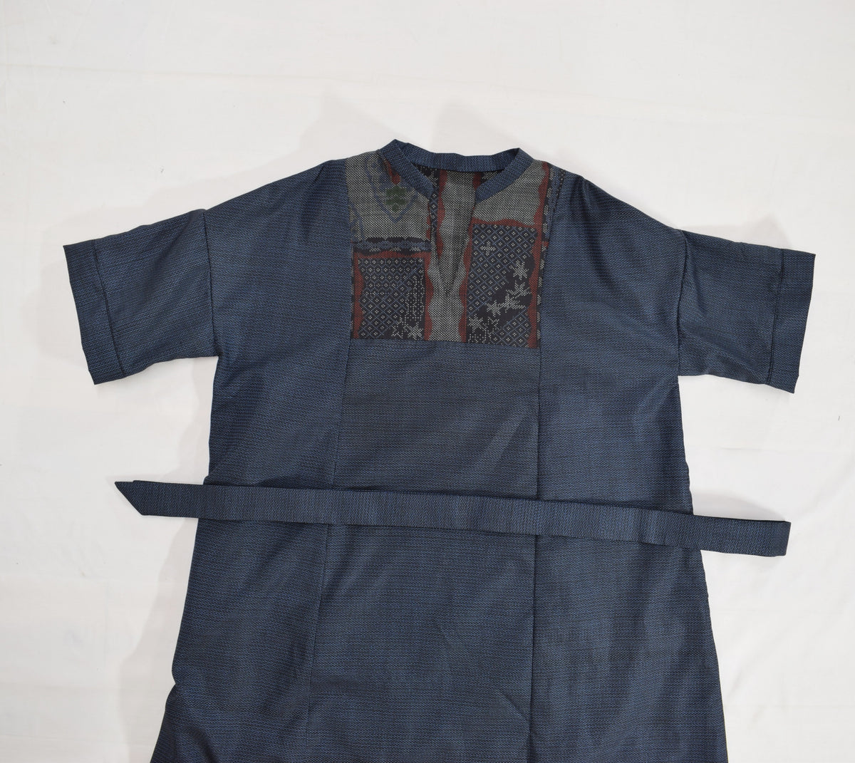 Split-Neck Long Dress, Navy Geometric and Botanical Motifs, Upcycled Kimono Fabric