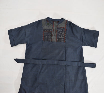 Split-Neck Long Dress, Navy Geometric and Botanical Motifs, Upcycled Kimono Fabric