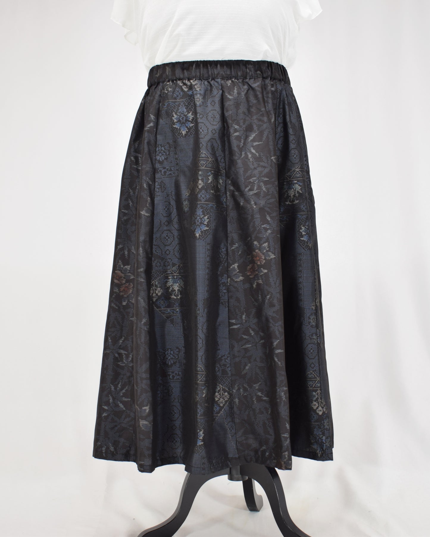 Eight-Panel Skirt, Navy Diamond Geometric and Botanical Motifs, Upcycled Kimono Fabric