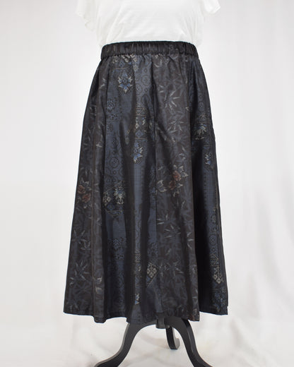 Eight-Panel Skirt, Navy Diamond Geometric and Botanical Motifs, Upcycled Kimono Fabric