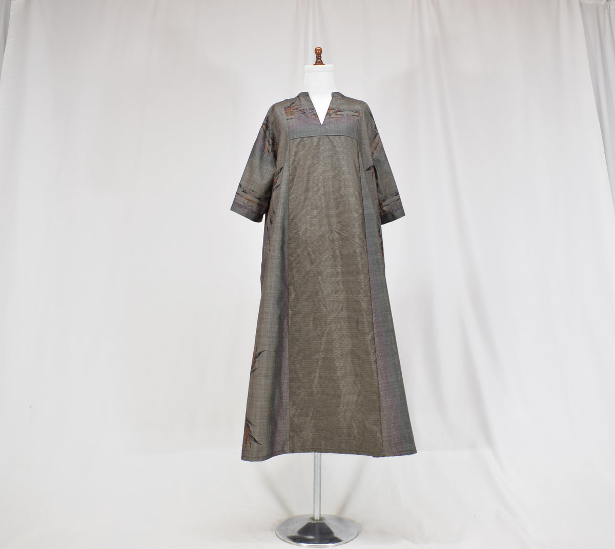 Split-Neck Long Dress, Gray Botanical Motif, Upcycled Kimono Fabric