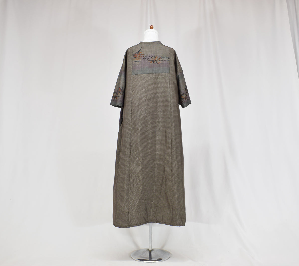 Split-Neck Long Dress, Gray Botanical Motif, Upcycled Kimono Fabric