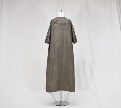 Split-Neck Long Dress, Gray Botanical Motif, Upcycled Kimono Fabric