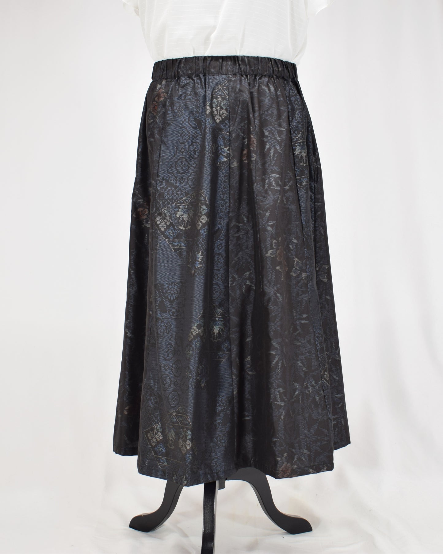 Eight-Panel Skirt, Navy Diamond Geometric and Botanical Motifs, Upcycled Kimono Fabric