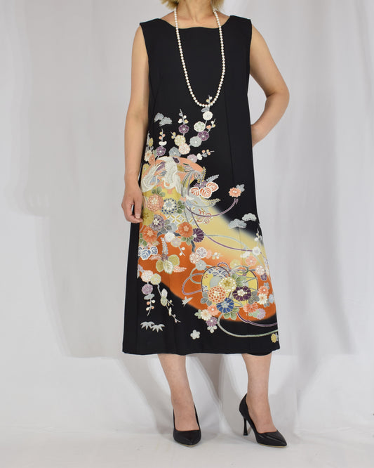A-Line Sleeveless Dress, Black Crane and Floral Motifs, Upcycled Kimono Fabric