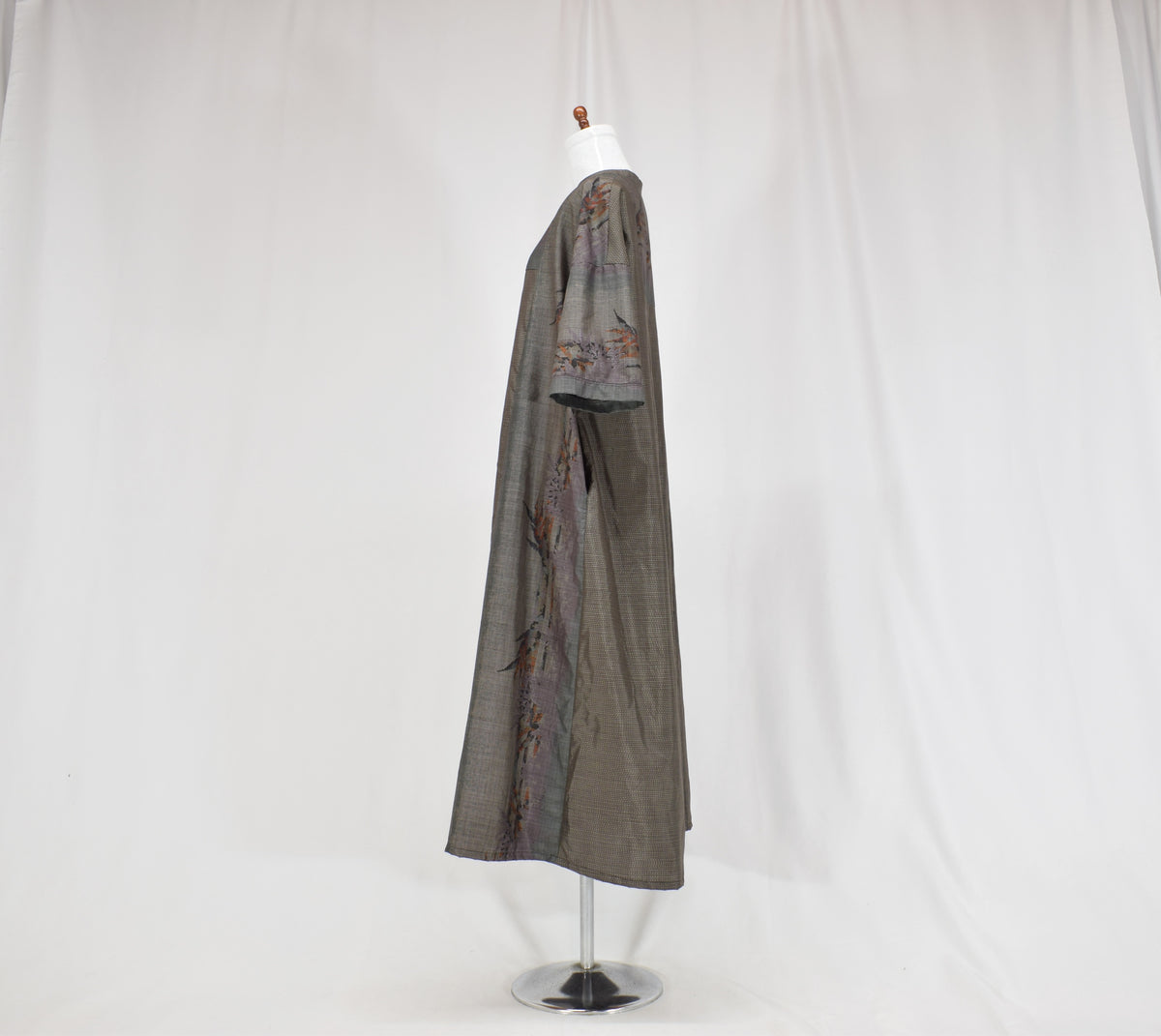 Split-Neck Long Dress, Gray Botanical Motif, Upcycled Kimono Fabric