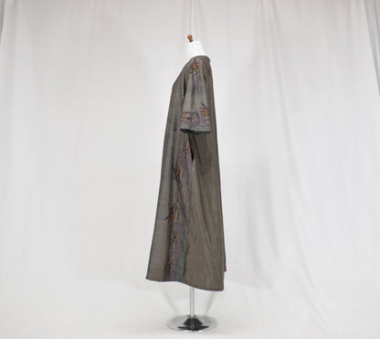 Split-Neck Long Dress, Gray Botanical Motif, Upcycled Kimono Fabric
