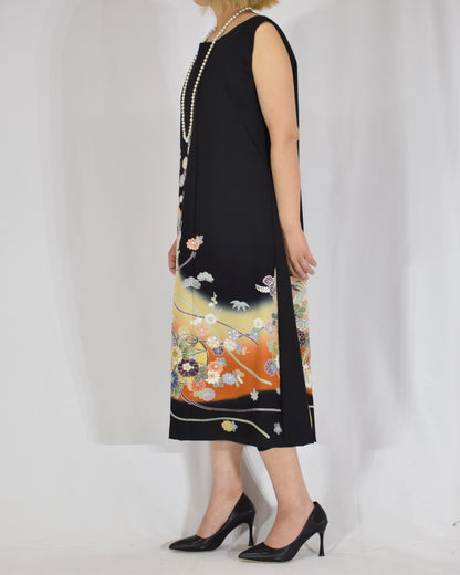 A-Line Sleeveless Dress, Black Crane and Floral Motifs, Upcycled Kimono Fabric
