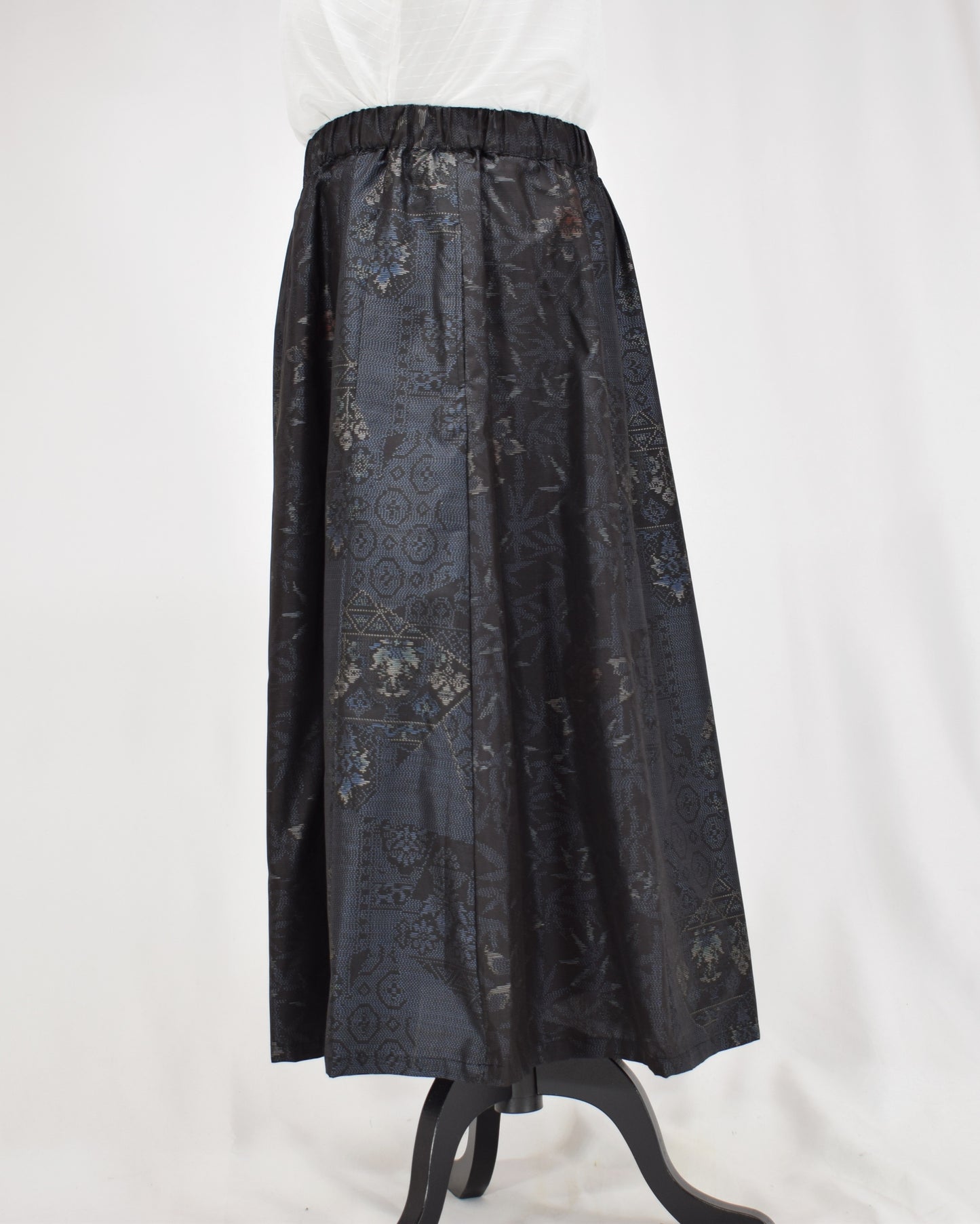 Eight-Panel Skirt, Navy Diamond Geometric and Botanical Motifs, Upcycled Kimono Fabric