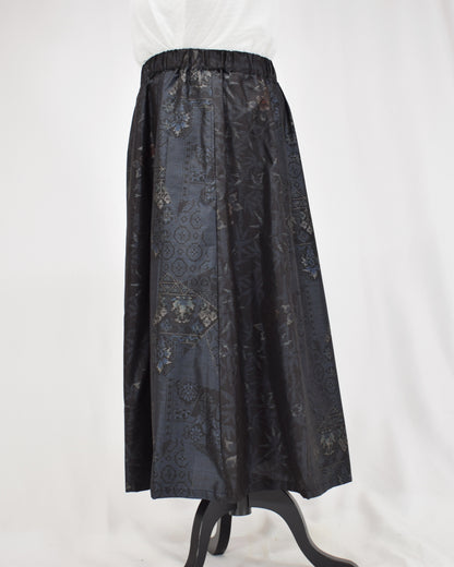 Eight-Panel Skirt, Navy Diamond Geometric and Botanical Motifs, Upcycled Kimono Fabric