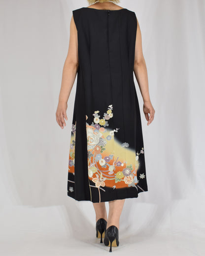 A-Line Sleeveless Dress, Black Crane and Floral Motifs, Upcycled Kimono Fabric