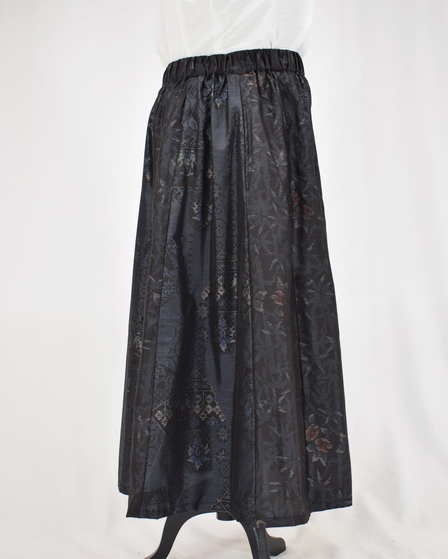 Eight-Panel Skirt, Navy Diamond Geometric and Botanical Motifs, Upcycled Kimono Fabric