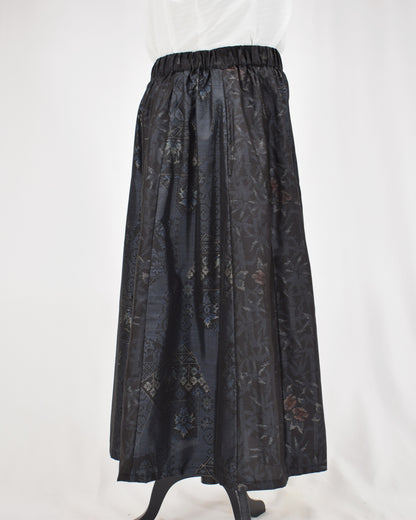 Eight-Panel Skirt, Navy Diamond Geometric and Botanical Motifs, Upcycled Kimono Fabric