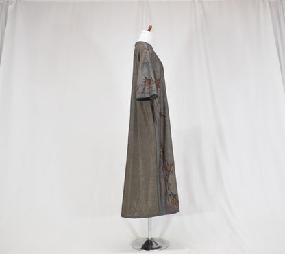 Split-Neck Long Dress, Gray Botanical Motif, Upcycled Kimono Fabric