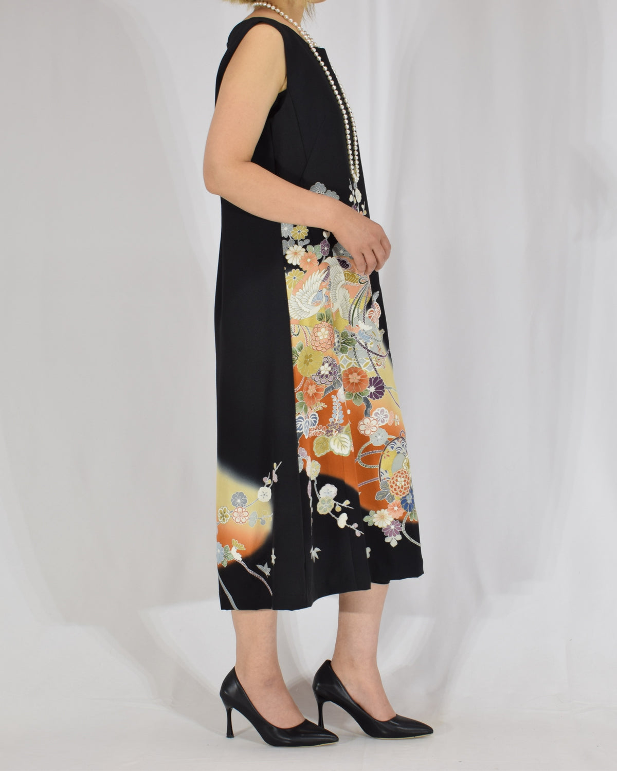 A-Line Sleeveless Dress, Black Crane and Floral Motifs, Upcycled Kimono Fabric