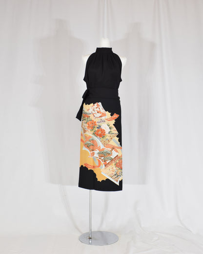 Wrap Skirt — Black Upcycled Kimono Fabric with Floral and Geometric Motif
