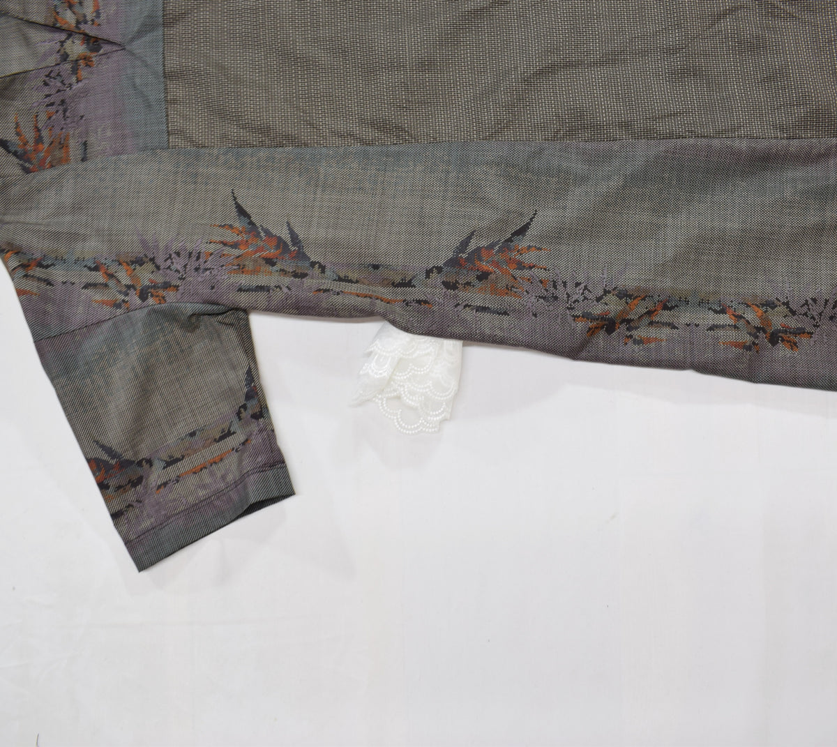 Split-Neck Long Dress, Gray Botanical Motif, Upcycled Kimono Fabric