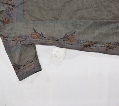 Split-Neck Long Dress, Gray Botanical Motif, Upcycled Kimono Fabric