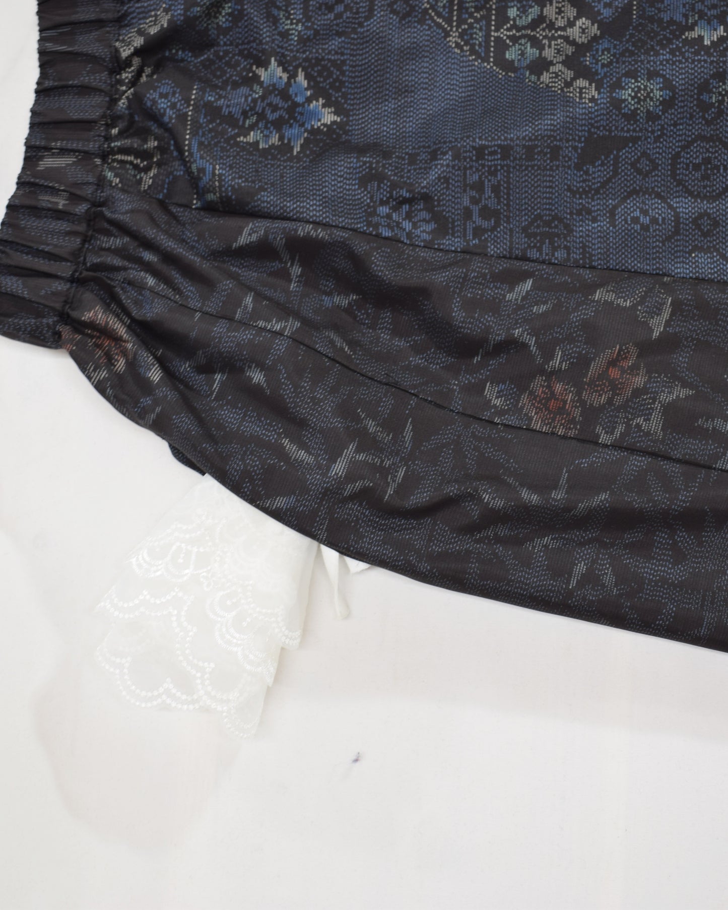Eight-Panel Skirt, Navy Diamond Geometric and Botanical Motifs, Upcycled Kimono Fabric