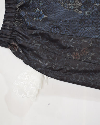 Eight-Panel Skirt, Navy Diamond Geometric and Botanical Motifs, Upcycled Kimono Fabric