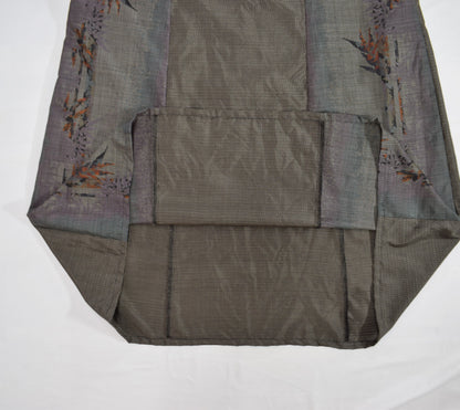 Split-Neck Long Dress, Gray Botanical Motif, Upcycled Kimono Fabric