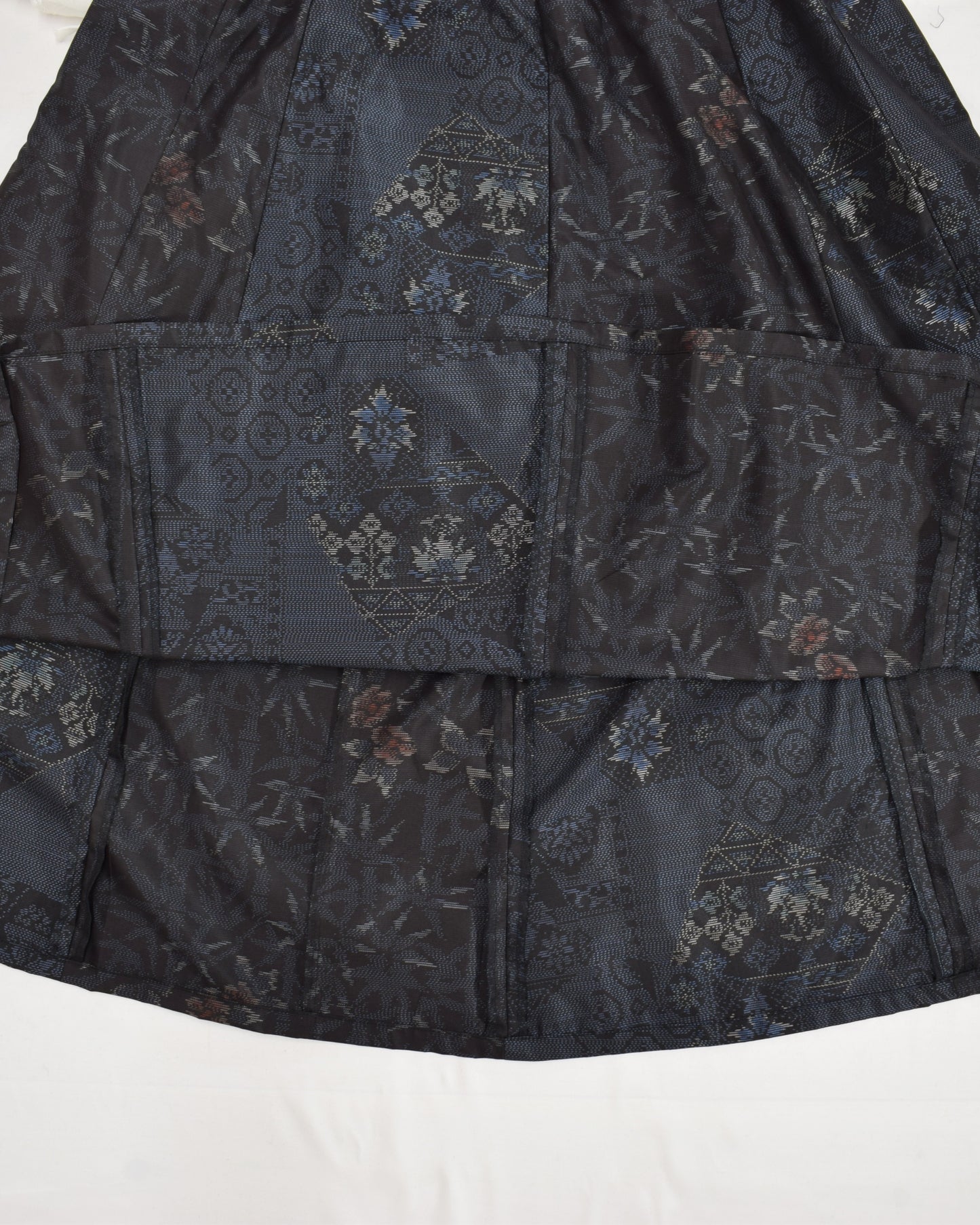 Eight-Panel Skirt, Navy Diamond Geometric and Botanical Motifs, Upcycled Kimono Fabric